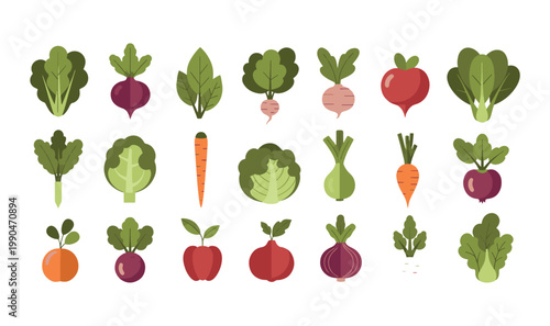 Premium 21 Flat Design Vegetable Icon Set - Modern Carrot, Beetroot Leafy Greens Illustrations, Minimalist Garden Harvest Graphics  Healthy Organic Food Assets