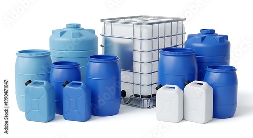 Collection of various industrial plastic containers and drums isolated on white background