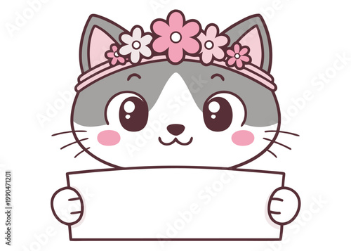 A gray and white cat with rosy cheeks wearing a pink flower headband holds a white blank banner on a white background.
