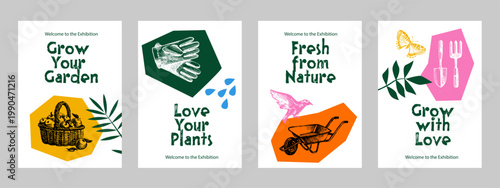 Vintage sketch gardening collage banners. Eco poster design set with watering can and rubber boots. Hand drawn vector illustration.