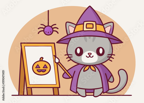 A cute gray cartoon cat wearing a purple witch costume stands in front of a canvas easel while painting an orange jack o lantern.