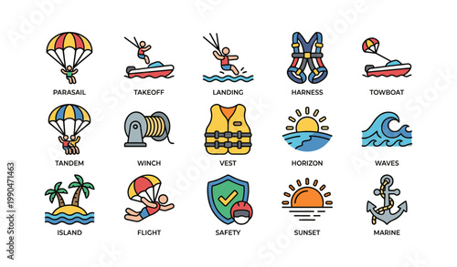 Collection of parasailing and marine activity icons on white background