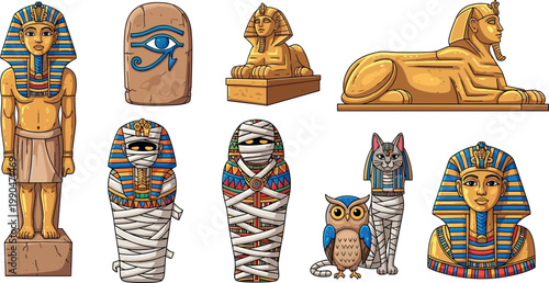 Ancient Egyptian Vector Illustration Set Featuring Golden Pharaoh Statues, Tutankhamun Masks, Great Sphinx, Mummies, Sarcophagus, Sacred Eye of Horus, and Mythical Animal Symbols