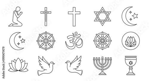 Collection of Religious Symbols and Icons in Sketch Style.