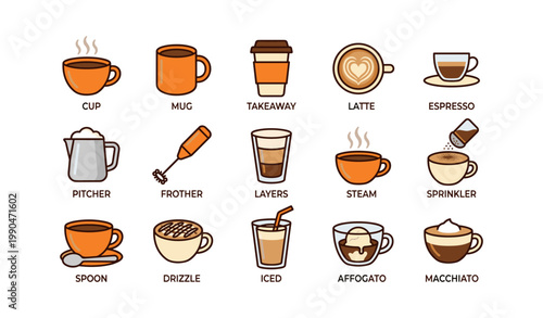 Coffee and beverage icons arranged in grid on white background