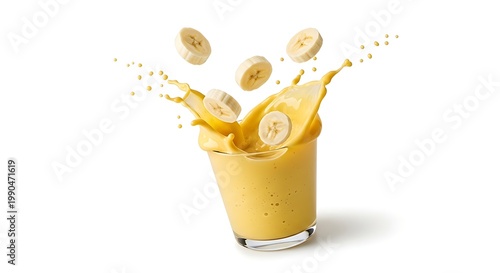 Banana smoothie with fresh fruit slices splashing isolated on white background