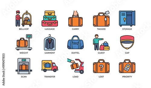Collection of luggage and baggage service icons on white background