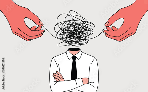Mental struggle hands manipulating a tangled mind above a person's head