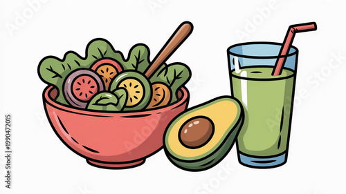 Fresh salad in a bowl with avocado and green juice healthy eating and lifestyle concept flat design illustration on white background