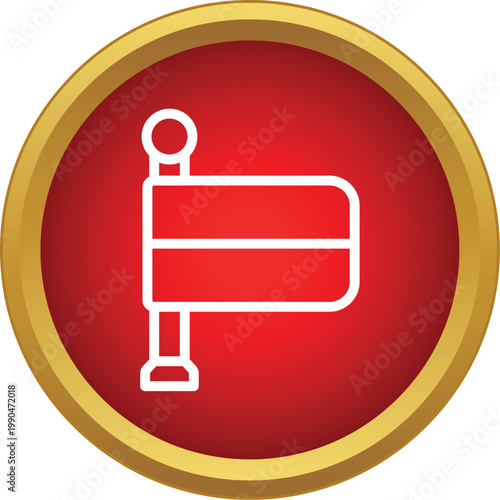 Location flag icon presenting a navigation marker in a red circle with gold frame