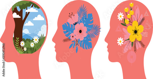 Set of human head silhouettes with inner minds filled with nature landscapes and colorful flowers representing mental health, mindfulness, and creative thinking.