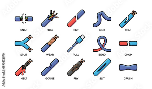 Damaged electrical cables showing multiple failure types on white