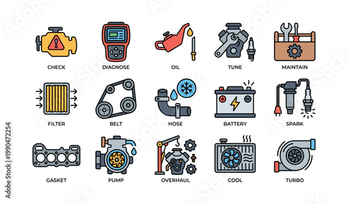 Car engine maintenance icons showing parts and service tools