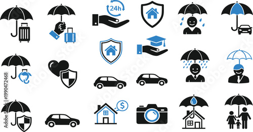 Comprehensive insurance icon set featuring umbrella protection for travel, car, home, life, and family safety in a professional black and blue flat style.