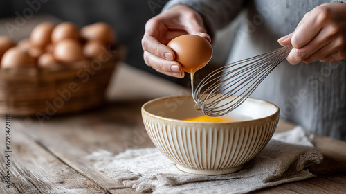 Hands cracking a fresh brown egg into a ceramic bowl with a whisk on a rustic wooden kitchen table, farm-to-table cooking concept, culinary photography, with copy space