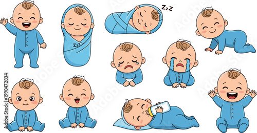 Cute Baby Boy Character Set Featuring Various Emotions and Activities Including Sleeping Crying Laughing Crawling and Feeding for Nursery Web and Graphic Design