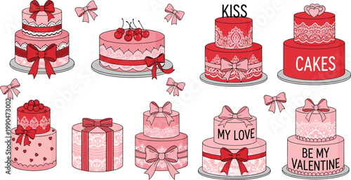 Set of pink and red Valentine's Day cakes featuring lace textures, elegant bows, cherries, and romantic text for wedding, anniversary, and holiday celebrations.