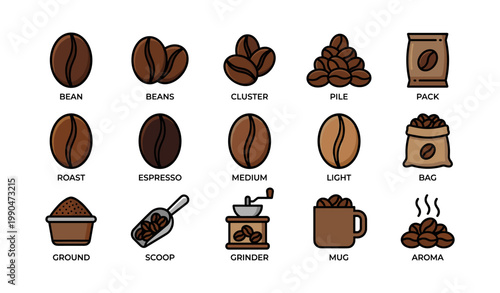 Coffee bean icons showing roast types and packaging items