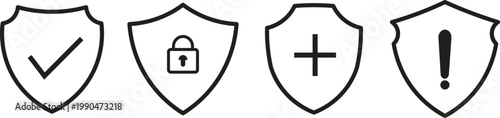Security shield icon set. Cyber security shield icon set with lock symbols. ector illustration featuring protection symbols, check marks, and lock signs. ideal for safety interfaces, cybersecurity app
