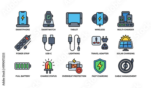 Charging devices and accessories displayed on white background
