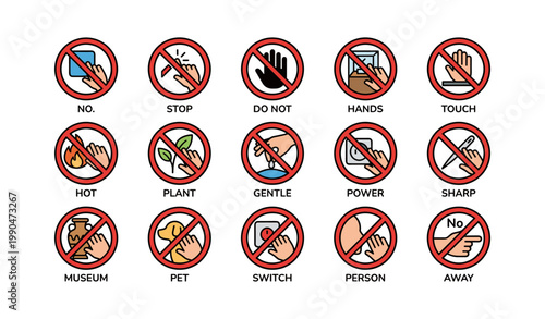 Prohibition and no touch warning icons on white background