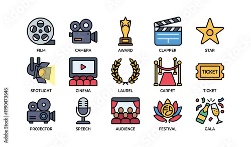 Set of cinema and film icons depicting movie elements on white