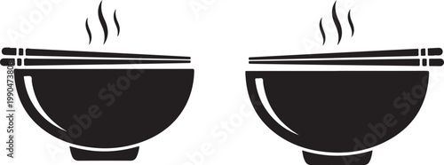 Hot noodle bowl with chopsticks and steam vector icons set for restaurant branding food delivery service and asian cuisine symbols.