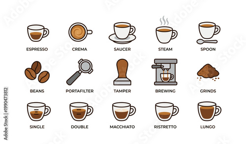 Coffee and espresso icons displayed in grid on white background
