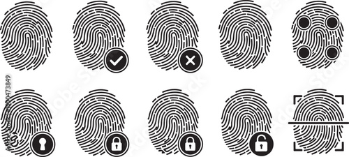 Fingerprint identification black silhouette on transparent background. set of finger print protection concept vector icons.