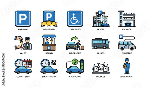Parking and hotel transportation icons on white background