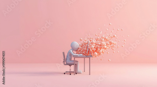 AI-Generated minimalist illustration of burnout, showing a faceless figure working at a desk as cloud-like forms drift away, symbolizing mental strain, fatigue, stress, and emotional exhaustion