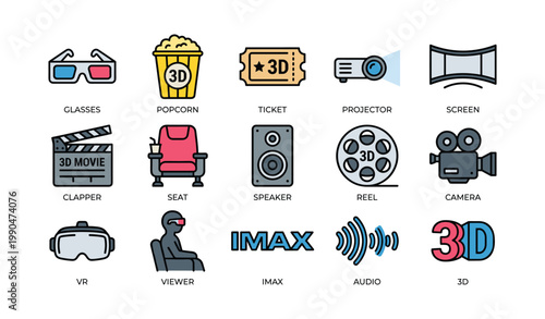 Cinema and 3d movie icons arranged on white background