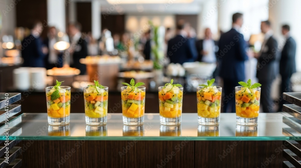 Fototapeta premium Individual fruit salad cups at a corporate event in a business center, bright white lighting.