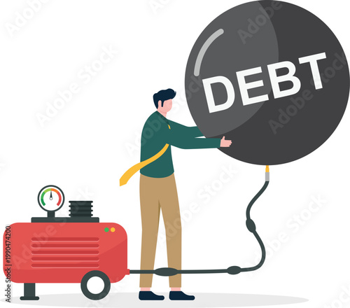 Businessman inflating a debt ball with air compressor