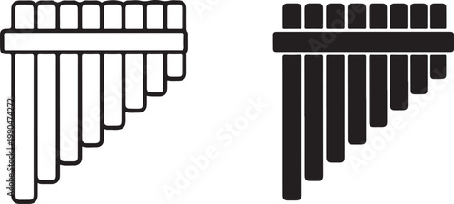 Outline and filled pan flutes musical instrument set isolated on transparent grid background vector illustration.