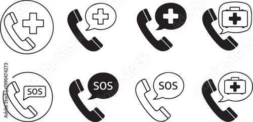Emergency call and medical assistance icons set vector. phone with cross and sos symbols. help service concept.