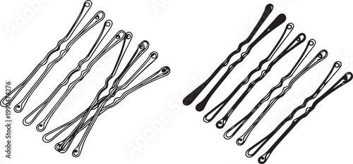 Set of wavy hairpins for styling and updos in outline and filled styles isolated on transparent background vector illustration.