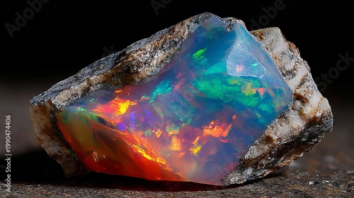 Close-up shows one uncut opal glowing with bright colors. Gem's natural shine and rainbow shades are visible.