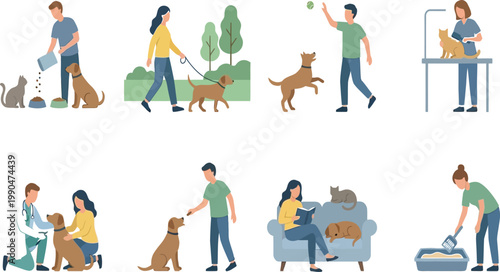 Everyday life activities involving pets and chores in a household setting Vector