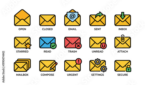 Mail and envelope icons representing inbox actions on white grid