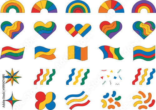 Abstract retro rainbows hearts and flags graphic collection