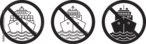 No ships allowed prohibition sign featuring cargo vessel silhouettes inside crossed out circle for maritime restricted area marking.