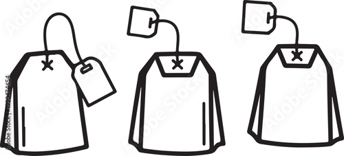 Tea bag line art set showing organic herbal beverage packaging with string and paper label tags for cafe menu or kitchen branding.