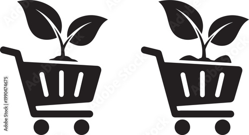 Shopping cart with plant seedling vector illustration symbolizing eco-friendly shopping, nature, and organic products.