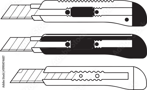 Retractable utility knife outline vector illustration for cutting tasks, box opening, and craft projects.