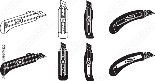 Utility knife collection including various paper cutter designs for construction and office supplies in black silhouette vector style.