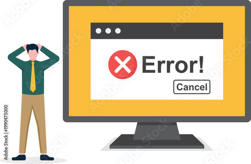 Businessman frustrated by a large error message on monitor