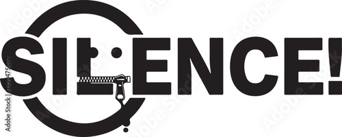 Silence text with zipper and circular frame vector illustration for quiet zone noise control and privacy protection creative concept.
