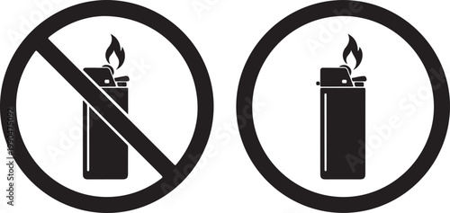 No lighter allowed sign and lighter permitted symbol vector set for fire hazard prevention and safety instructions in public areas.