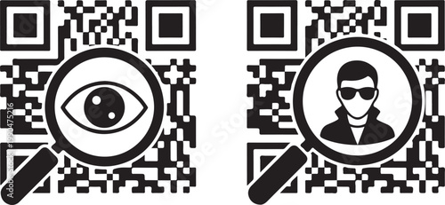 Qr code with magnifying glass and eye. personal data scan symbol. identification and privacy concept. vector illustration.